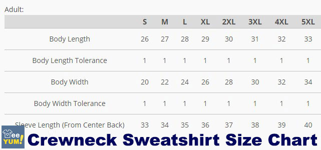Crewneck Sweatshirt Adult Size Chart